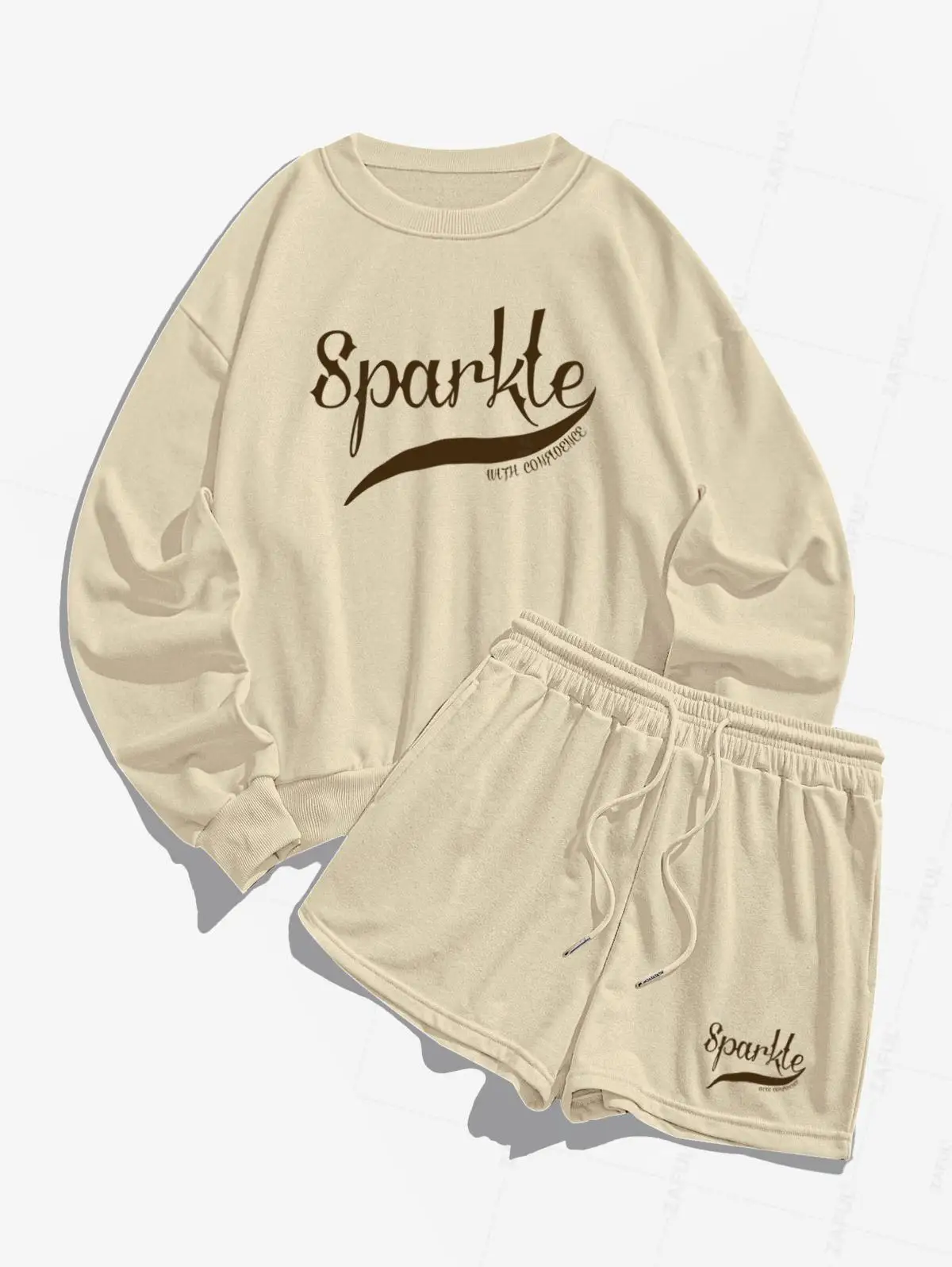 

ZAFUL Women's Letter Sparkle Graphic Printed Crew Neck Pullover Sports Sweatshirt And Drawstring Shorts Set