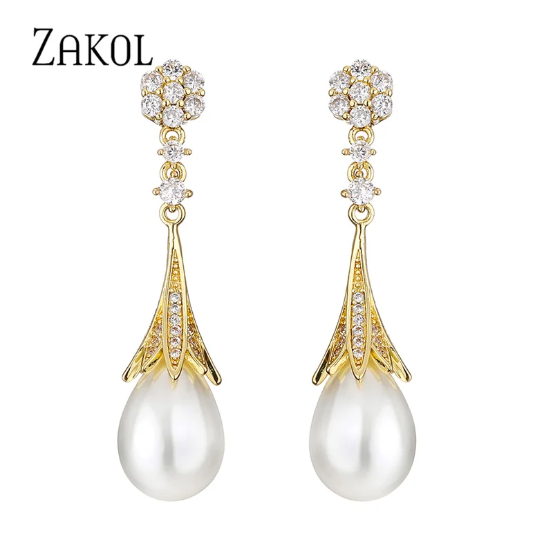 ZAKOL Fashion Pearl Dangle Earrings for Women Gold Color Cubic Zirconia Jewelry Water Drop Wedding Engagement Jewelry  New