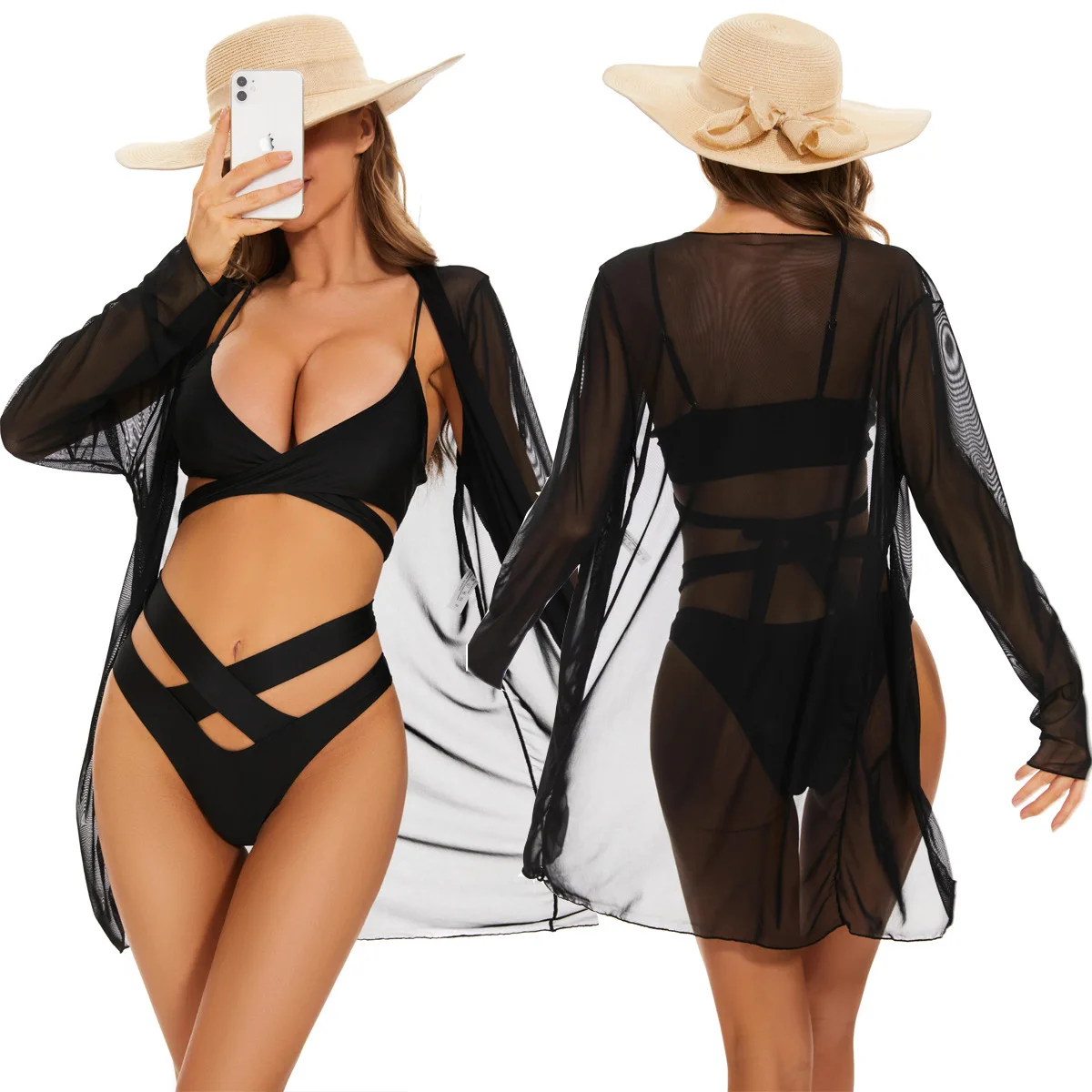 

2025 new European and American three-piece sexy perspective beach sunscreen blouse bikini split swimsuit women's bikini swimsuit