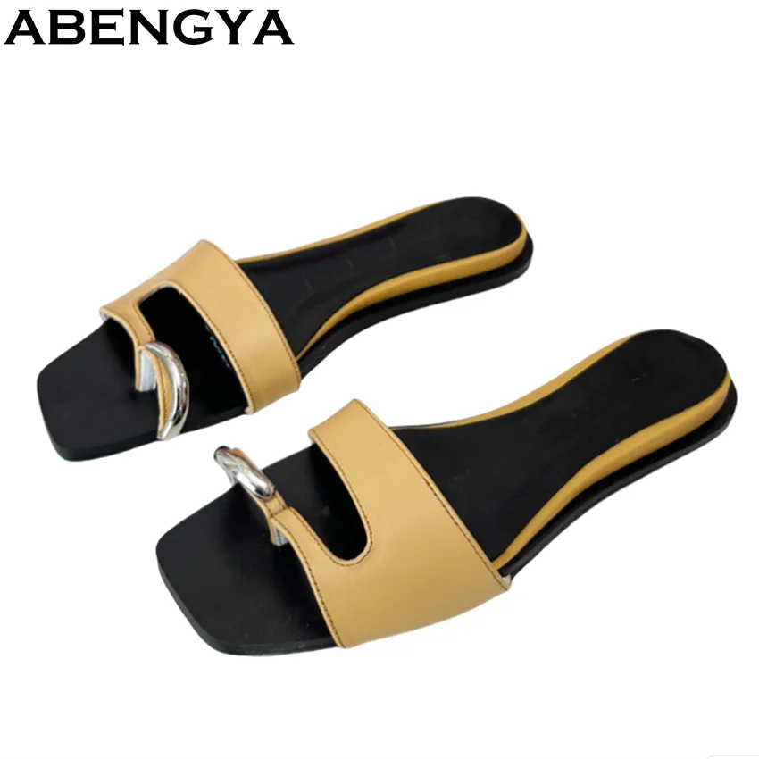 

Summer Slides Metal Circle Flat Slippers Women Flipflops Square Toe Leather Mules Casual Holiday Beach Shoes For Women 2025