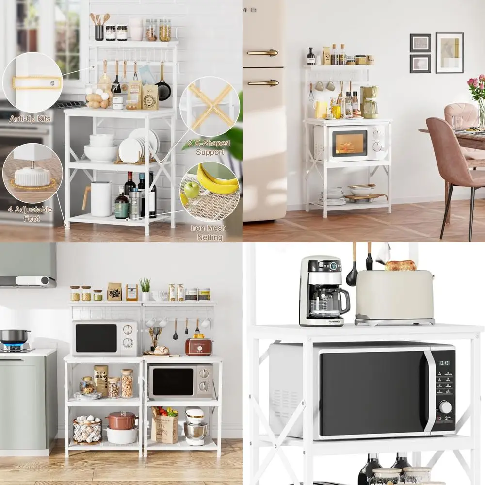 

Белая 4-ярусная кухонная полка для пекаря с ящиком, кофейником, подставкой для микроволновой печи, органайзером для специй и 6 крючками