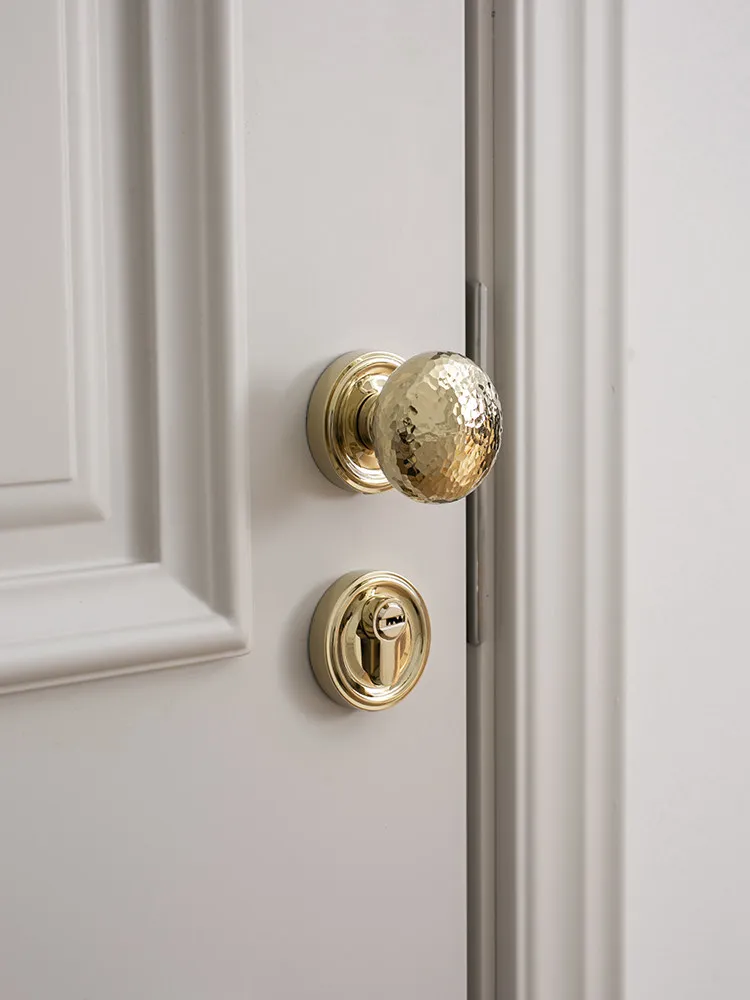 French Minimalism Bright Gold Brass Bedroom/Invisible Door/Toilet Lock Pure Copper Hammered Texture Silent Spherical Door Handle