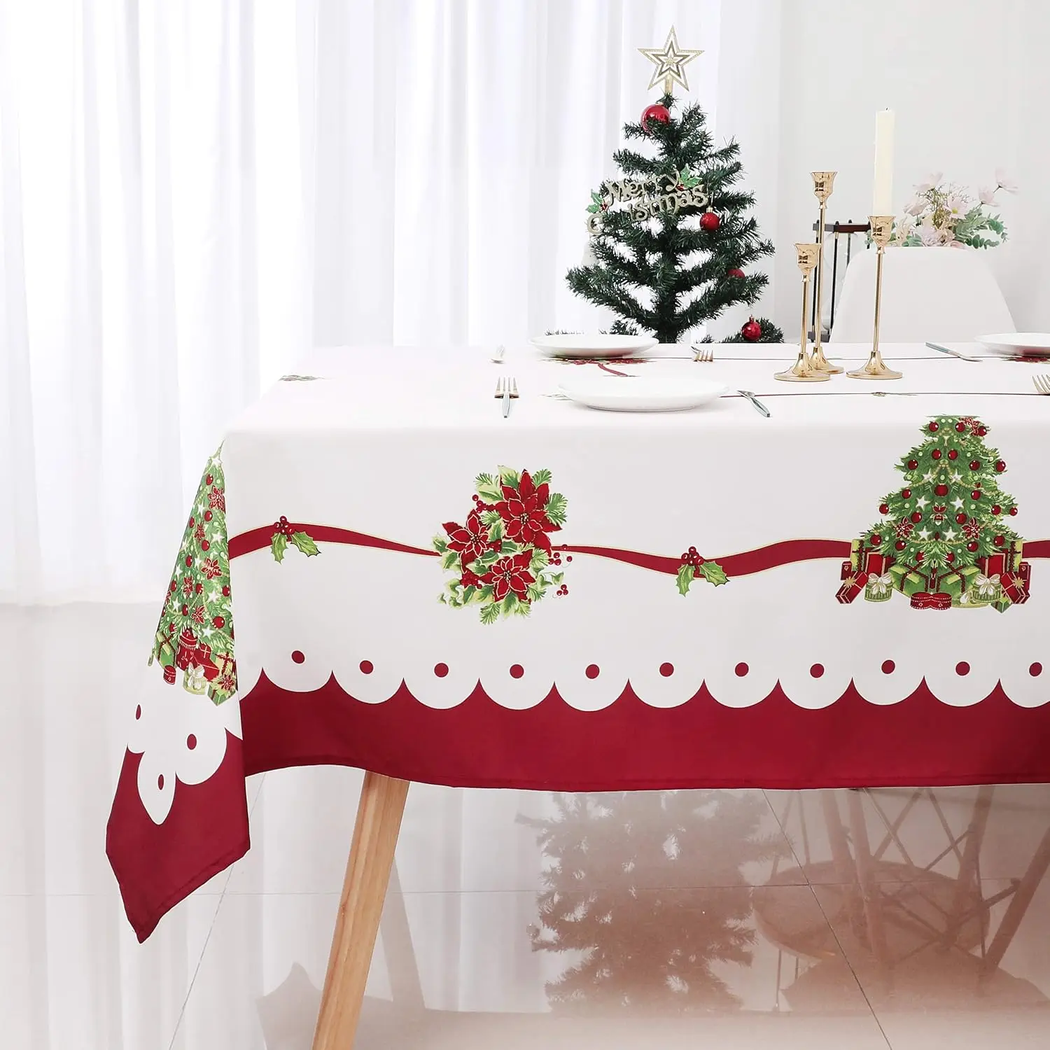 Christmas Poinsettia Xmas Tree Waterproof Tablecloth Table Decor Winter Xmas Kitchen Dining Tablecloth Christmas Decorations