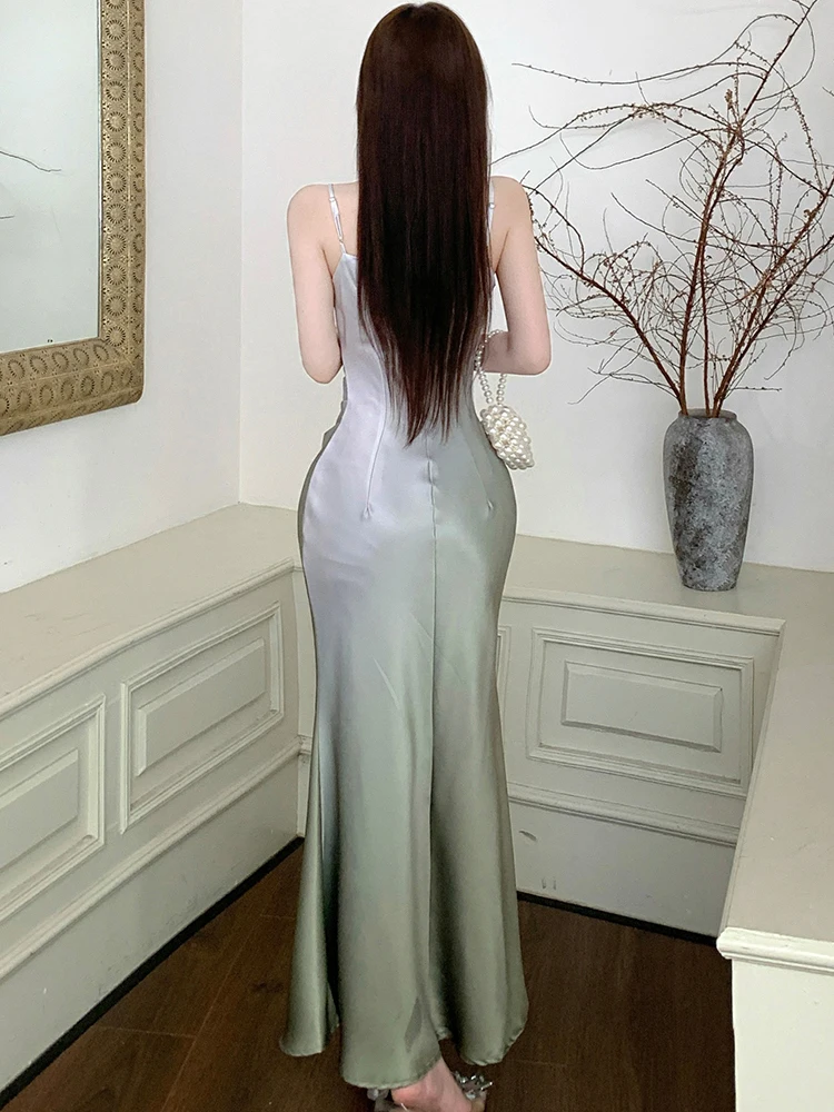 韓国ヴィンテージ風ラグジュアリーフェスティバルドレス、サマーグラデーショングリーンアセテートサテン スリングドレス、2025年エレガントボディコンダンスプロムドレス