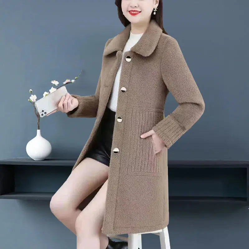 Winter New Solid Color Long Sleeve Fashion Windbreaker Women High Street Mid-length Button Pockets Patchwork Warm Thick Cardigan