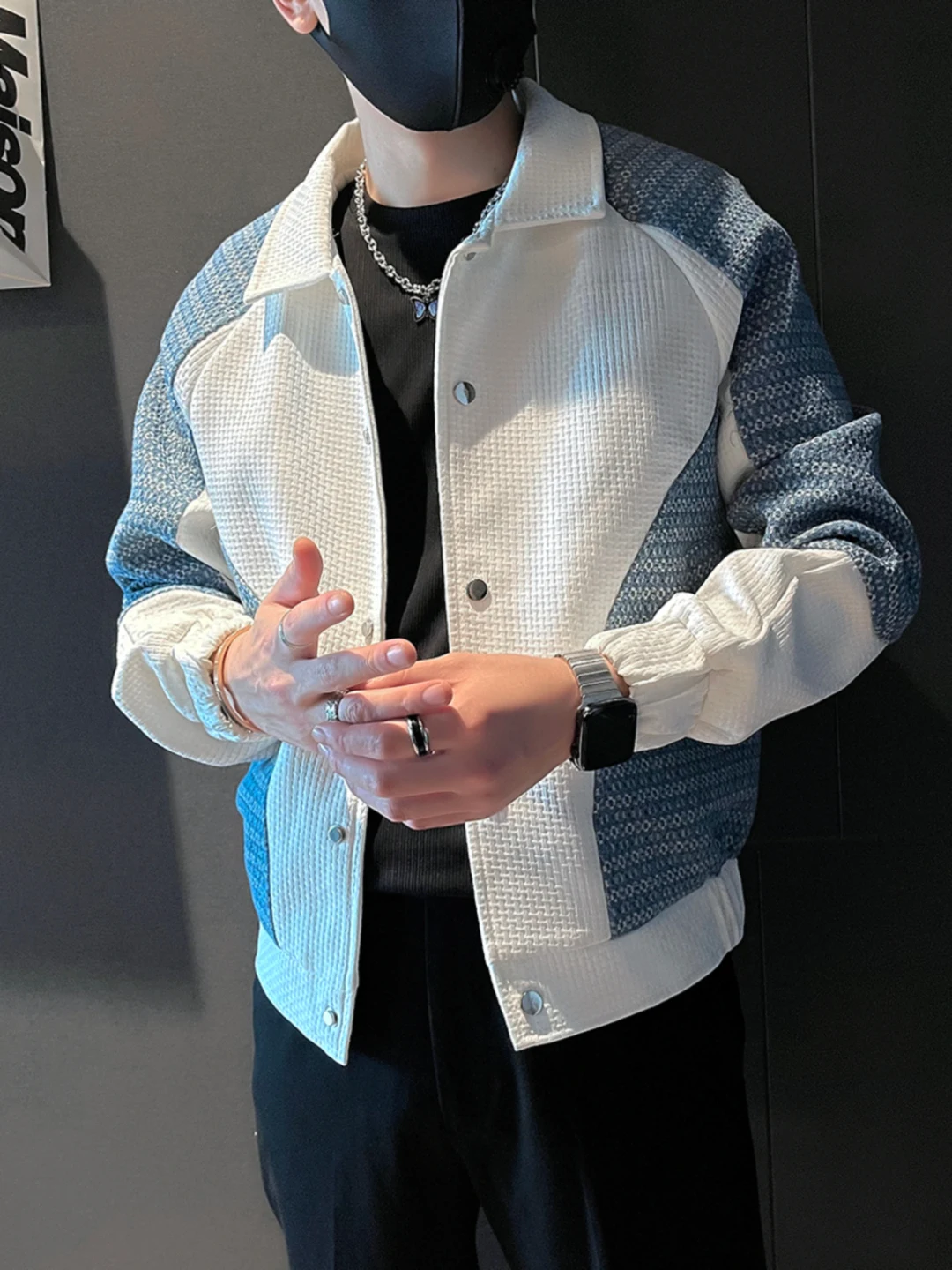 

Casual Patchwork Denim Jaet for Men Early Autumn Trendy Collar Top New 2025 Spring Autumn Sli Loose Fit Outerwear