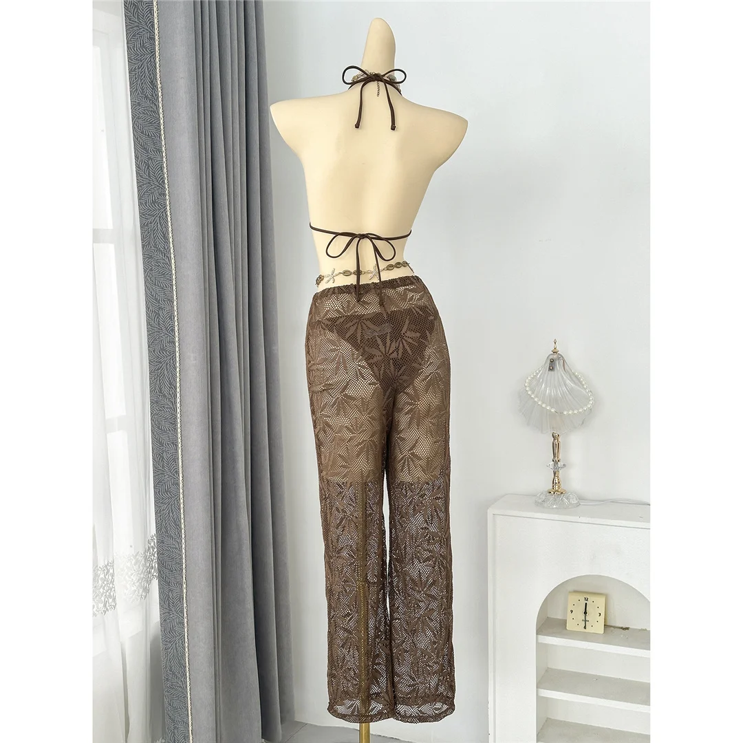 Mit Hosen, Blättern und Halterneck-Bikini, Damen-Badeanzug, dreiteiliges Bikini-Set, Badebekleidung, Badeanzug, Schwimmanzug V8164 – Detail 10