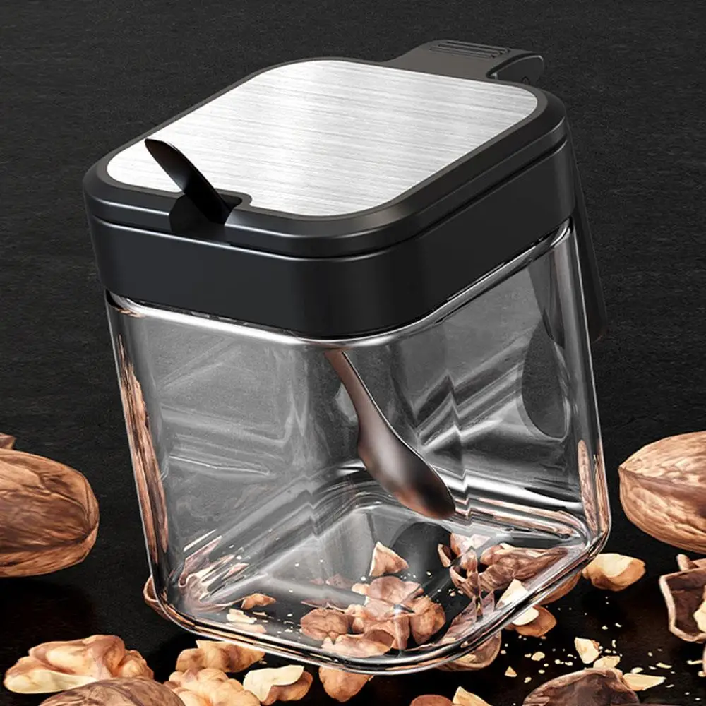 

3 шт./компл. влагостойкие стеклянные банки для специй с ложкой, кухонный органайзер, коробка для хранения, банка для специй, пищевой набор из полипропилена, 10 унций, черная банка