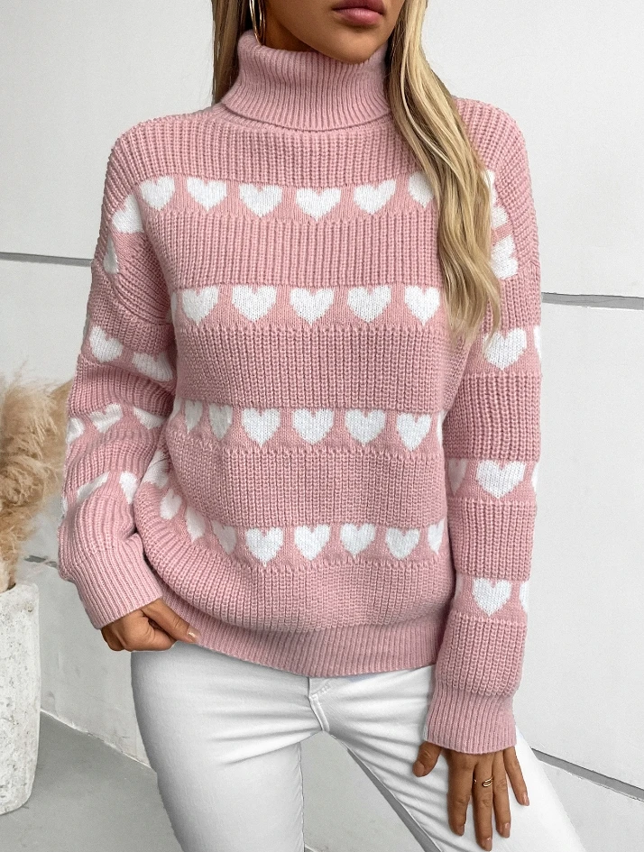 Sweater Woman Trend 2024 Flip Collar Heart-Shaped Pullover Casual Fashion Long Sleeved Knitted Sweater Top for Women