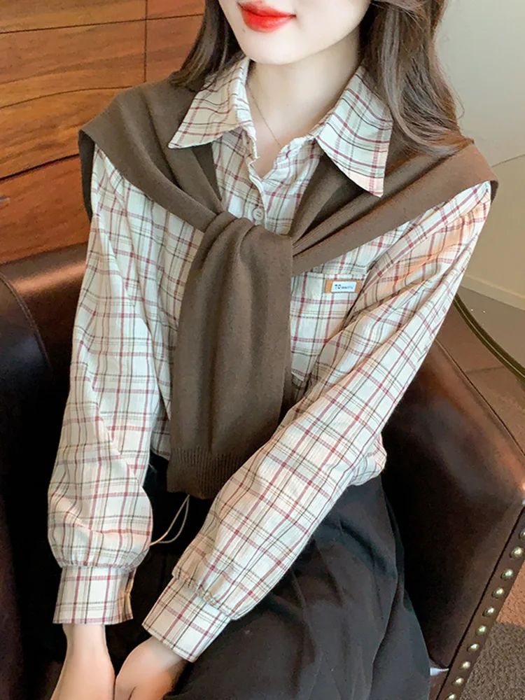 Set Due Pezzi a Quadri alla Moda per Donna, Autunno Inverno, Maglia a Maniche Lunghe Foderata, Stile Coreano