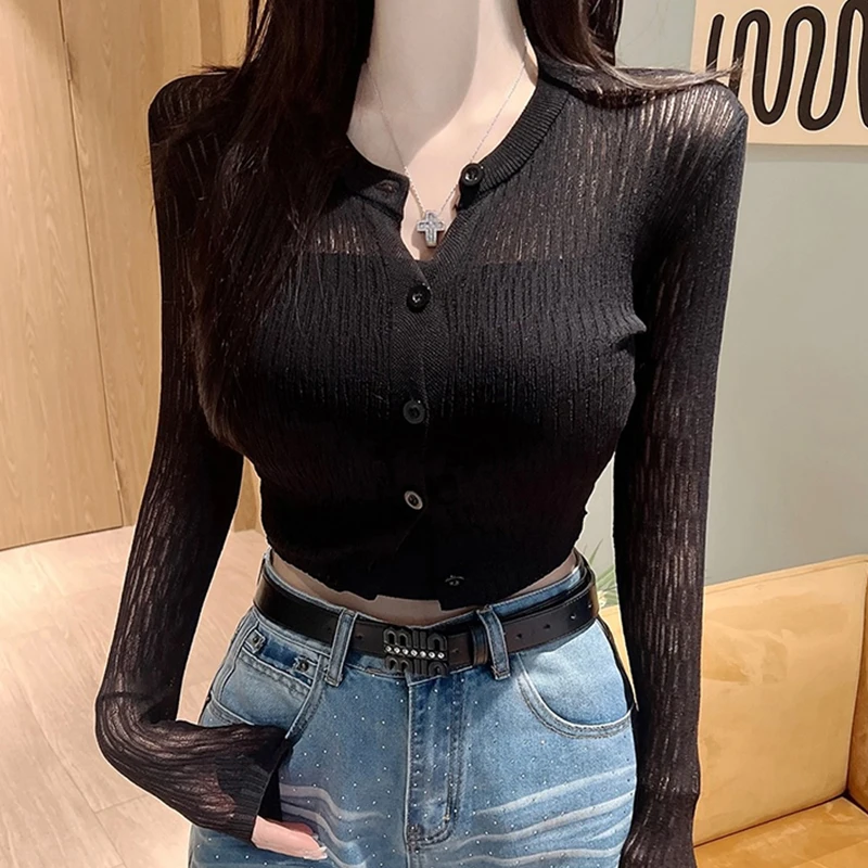 SX Faion-cárdigan abierto de manga larga con cuello redondo para mujer, Top corto con protección solar, básico transpirable...