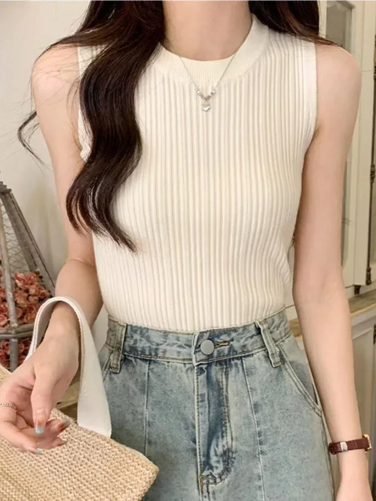 Blusa sin mangas, camisa para mujer, chaleco de punto acanalado con cuello redondo, chaleco liso, Tops de verano para mujer, Tops informales básicos, traje