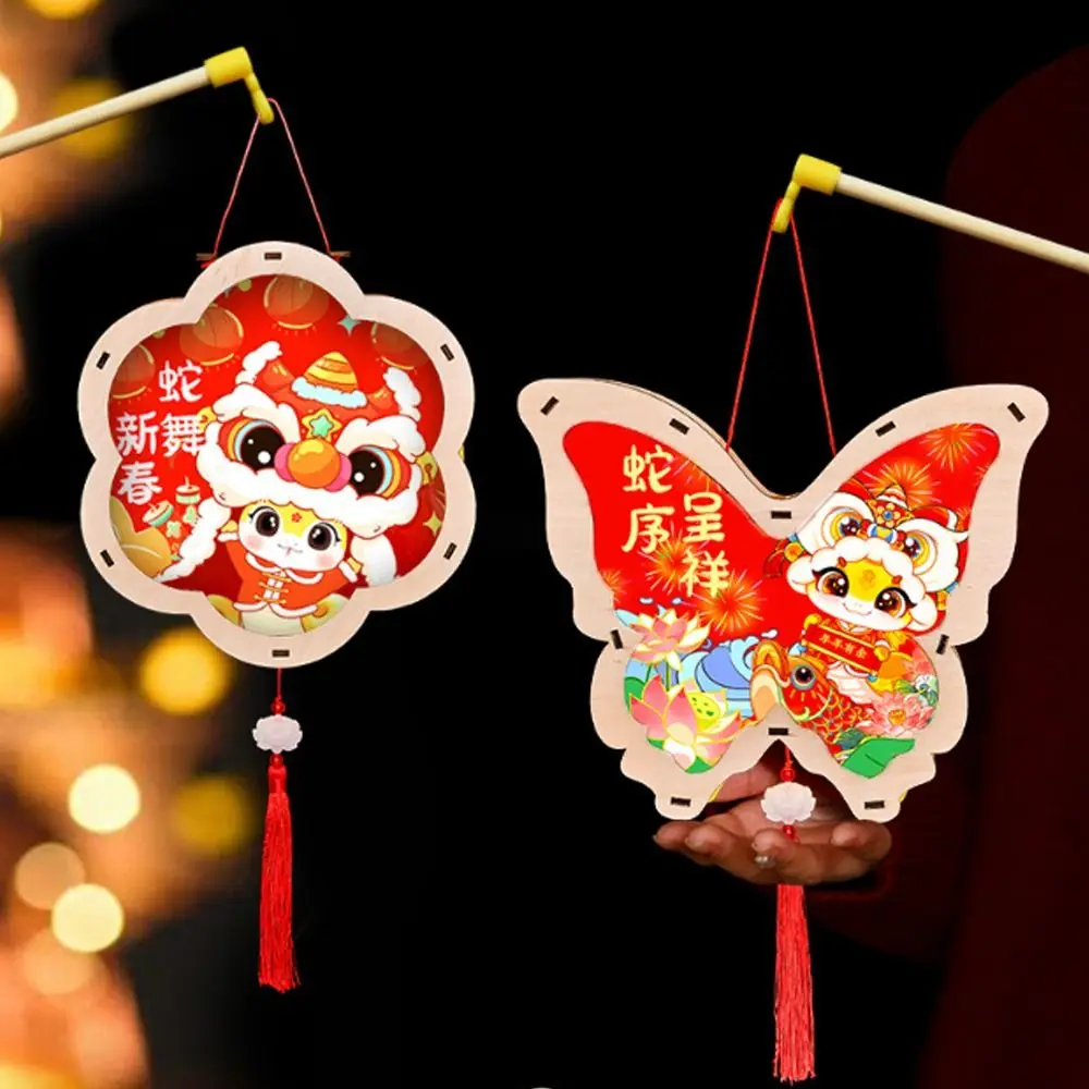 Chinese Style 2025 Snake Year Portable Lantern Traditional Wooden New Year Luminous Lantern Cartoon Children Handheld Lantern