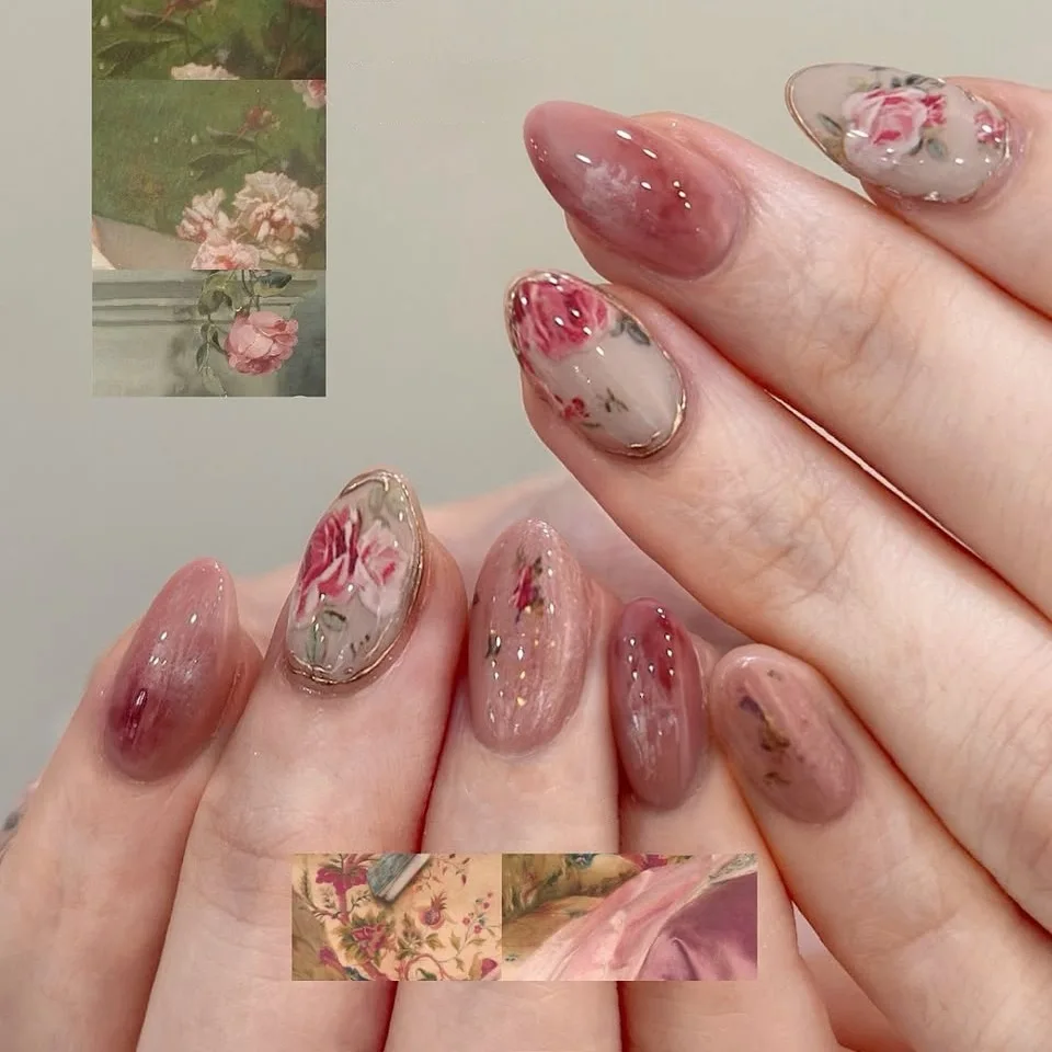 24 uñas postizas de longitud media, cabeza redonda almendrada, cubierta completa, con degradado rosa, loto y perlas, reutilizables 6