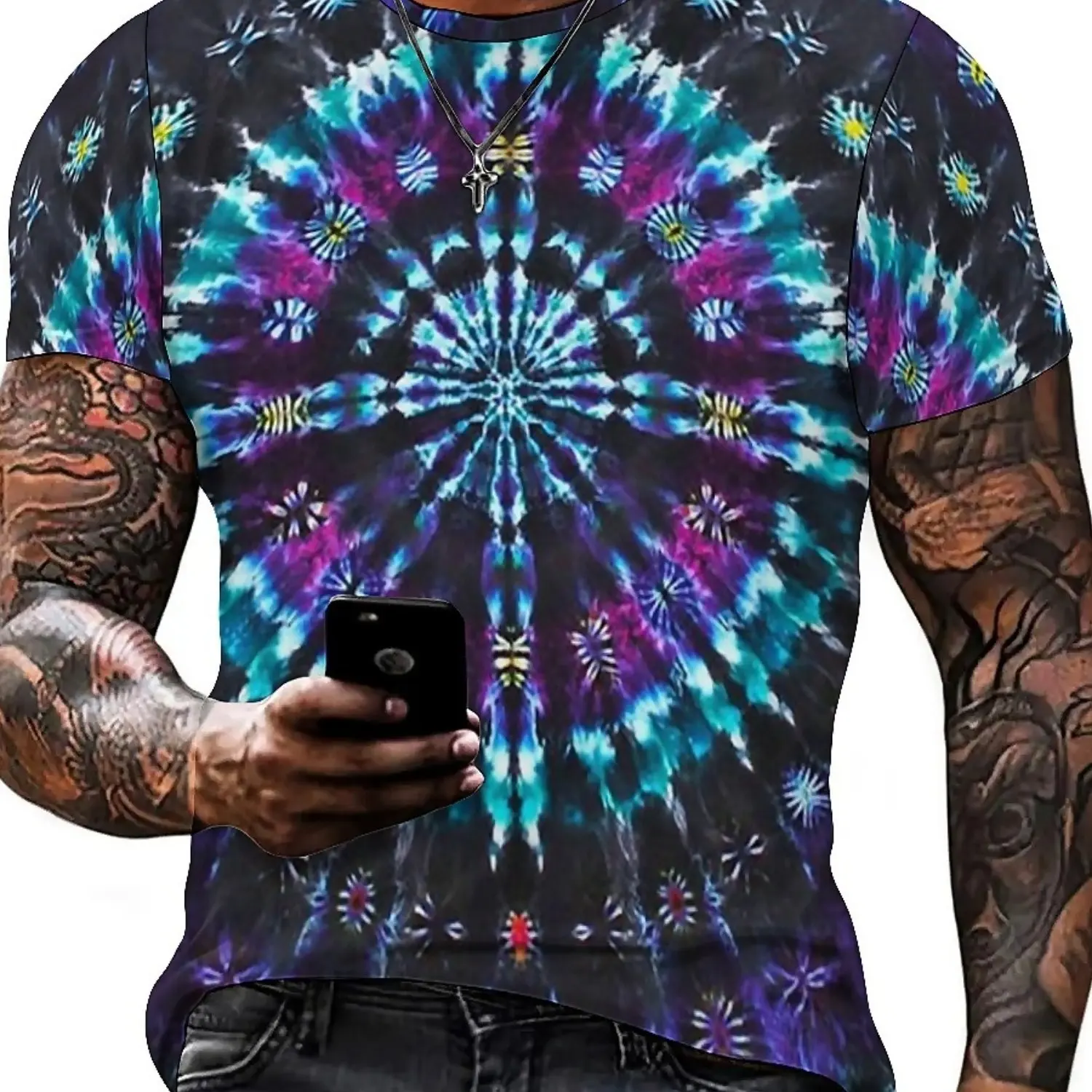 Men's 3D Printed Tie-Dye T-Shirt with Geometric Art Pattern - Vibrant Blue Purple Pink Yellow Green on Black