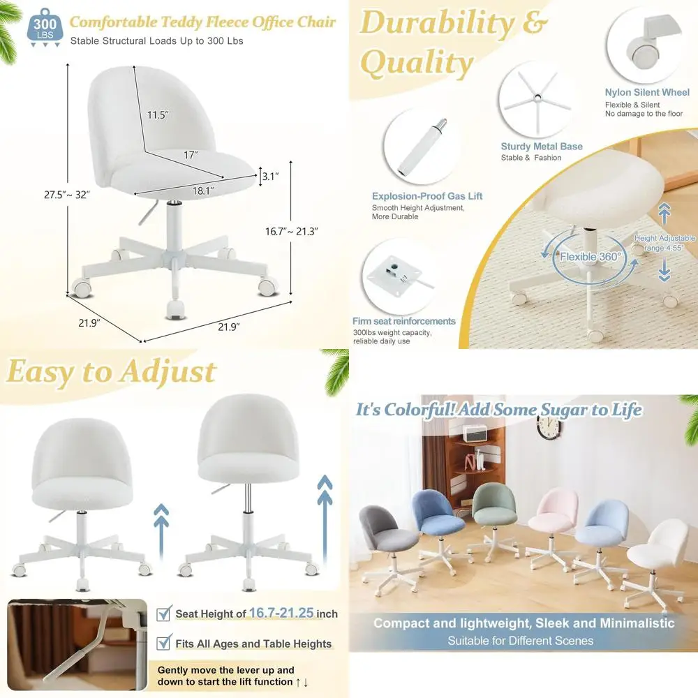 

Elegant Velvet Swivel Chair with Back Support, Compact Office Seat on Silent Wheels, Comfortable and Stylish, White