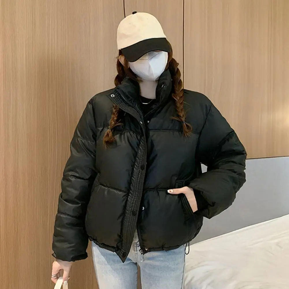 High-quality Jacket Stylish Women's Winter Cotton Coat with Stand Collar Long Sleeves Pockets Solid Color Lightweight for Warmth