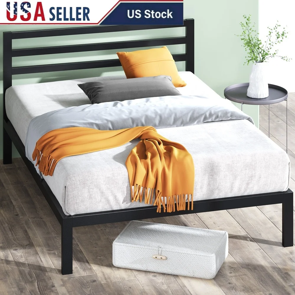 

Metal Platform Bed Frame with Headboard Queen Size Durable Steel Structure Easy Assembly Under Bed Storage Modern Design 700 lb