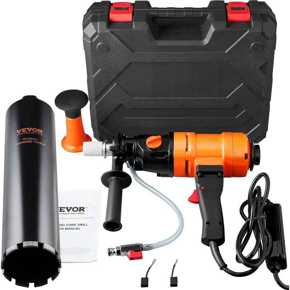 

Diamond Core Drilling hine, 4in Handheld Wet Concrete Core Drill Rig, 1100-2400RPM Two Speed & 1-1/4" Thread & 2 Bubble Levels,