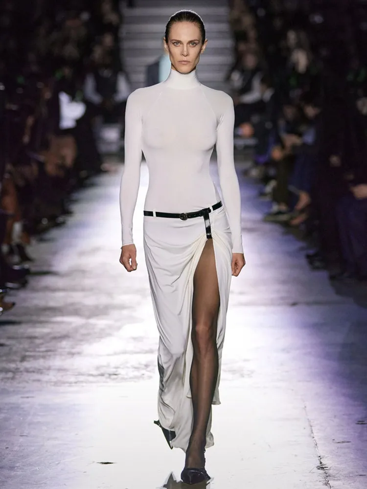

Women Celebrity Sexy Long Sleeve Turtleneck White Maxi Long Belt Gowns Dress 2025 Elegant Evening Party Club Outfit Vestido