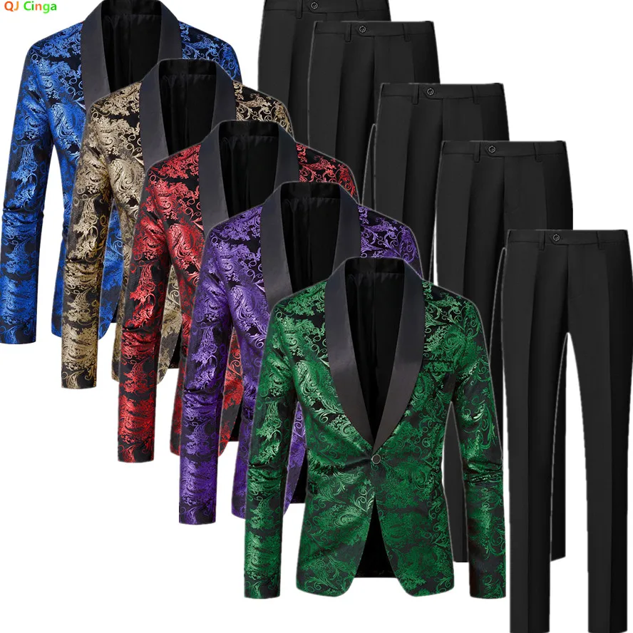 

Новый осенний мужской пиджак с зеленым принтом в сочетании с черными брюками, золотистыми, красными и синими комплектами костюмов. Бренд QJ CINGA