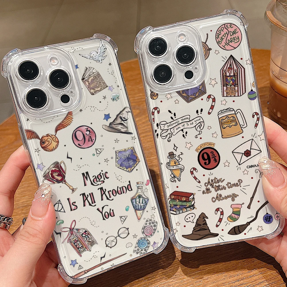 Capa Transparente Anti-queda P-Potters Magic Label H-Harries para Apple iPhone 17 Air 16 15 14 Plus 13 12 11 Pro Max