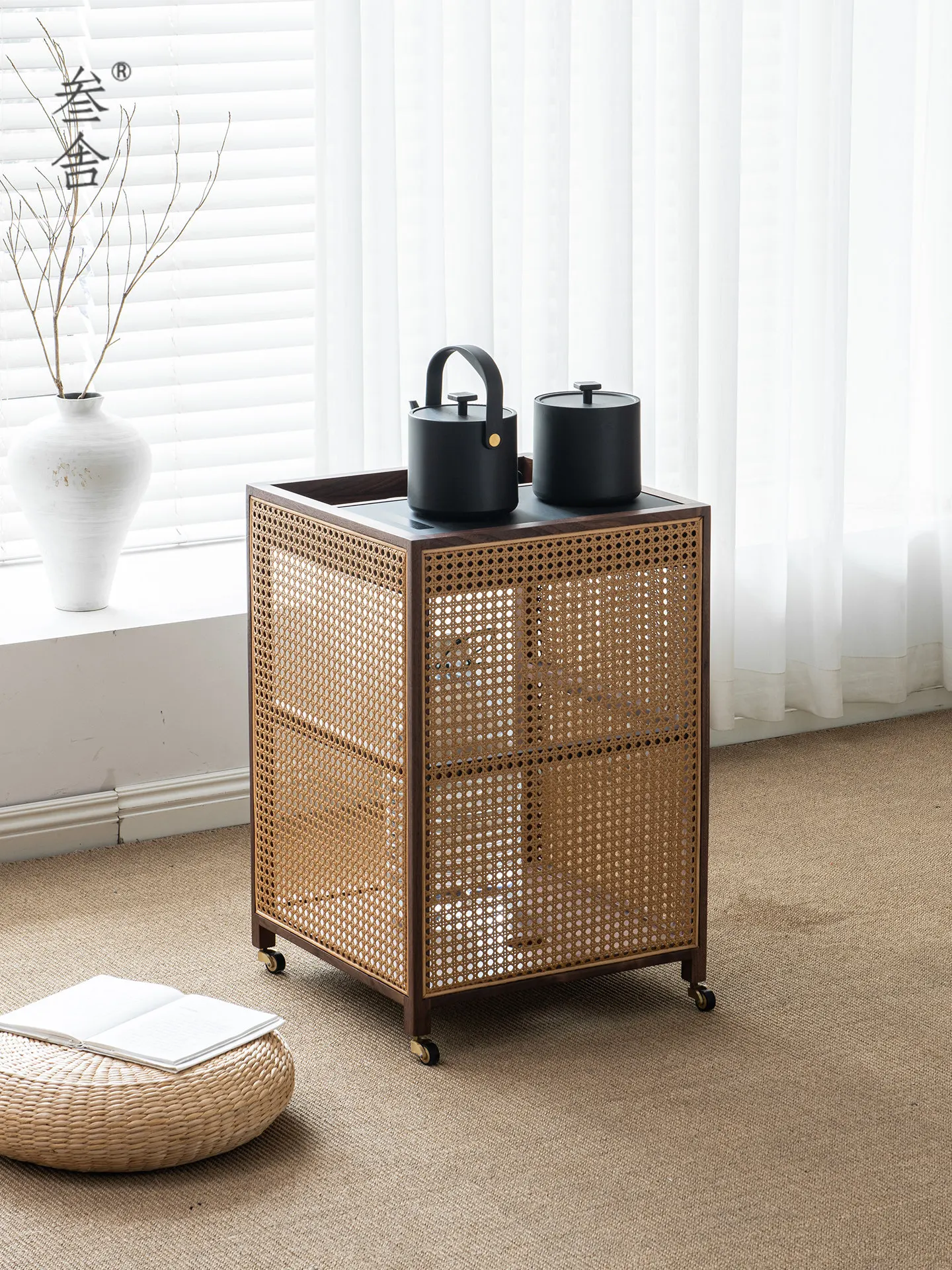 CX Mobile Tea Cabinet Black Walnut Solid Wood Cart Boiling Table Simple Small Tea Table