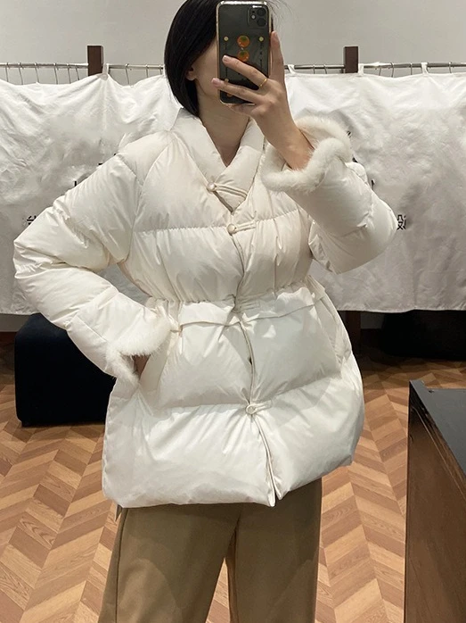 2025 Autumn/winter New Women's Down Jacket with Mink Fur Retro White Duck Down Jacket
