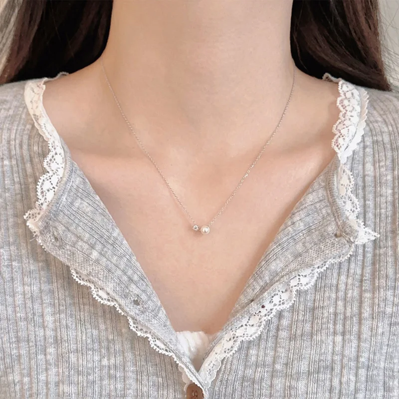 

925 Sterling Silver Pearl Necklace Simple Charm Exquisite Geometric Shape Pendant Women Choker Birthday Gift Exquisite Jewelry