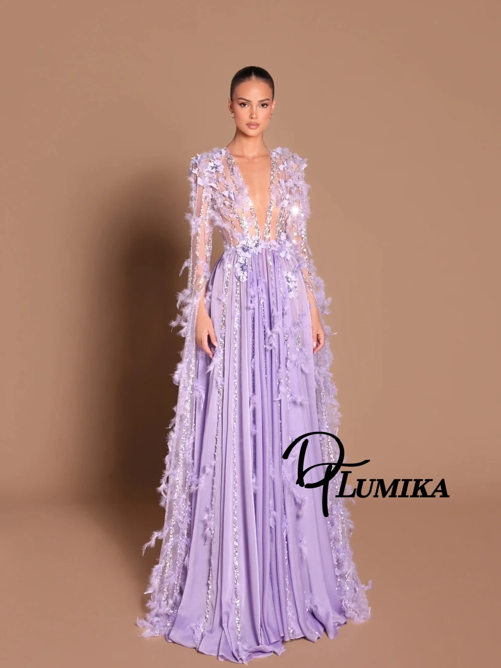 

Роскошное вечернее платье с лавандовым перьями, сексуальное блестящее платье трапециевидной формы с глубоким v-образным вырезом для выпускного вечера, мечтательное платье с длинными рукавами и цветочным принтом, банкетная одежда
