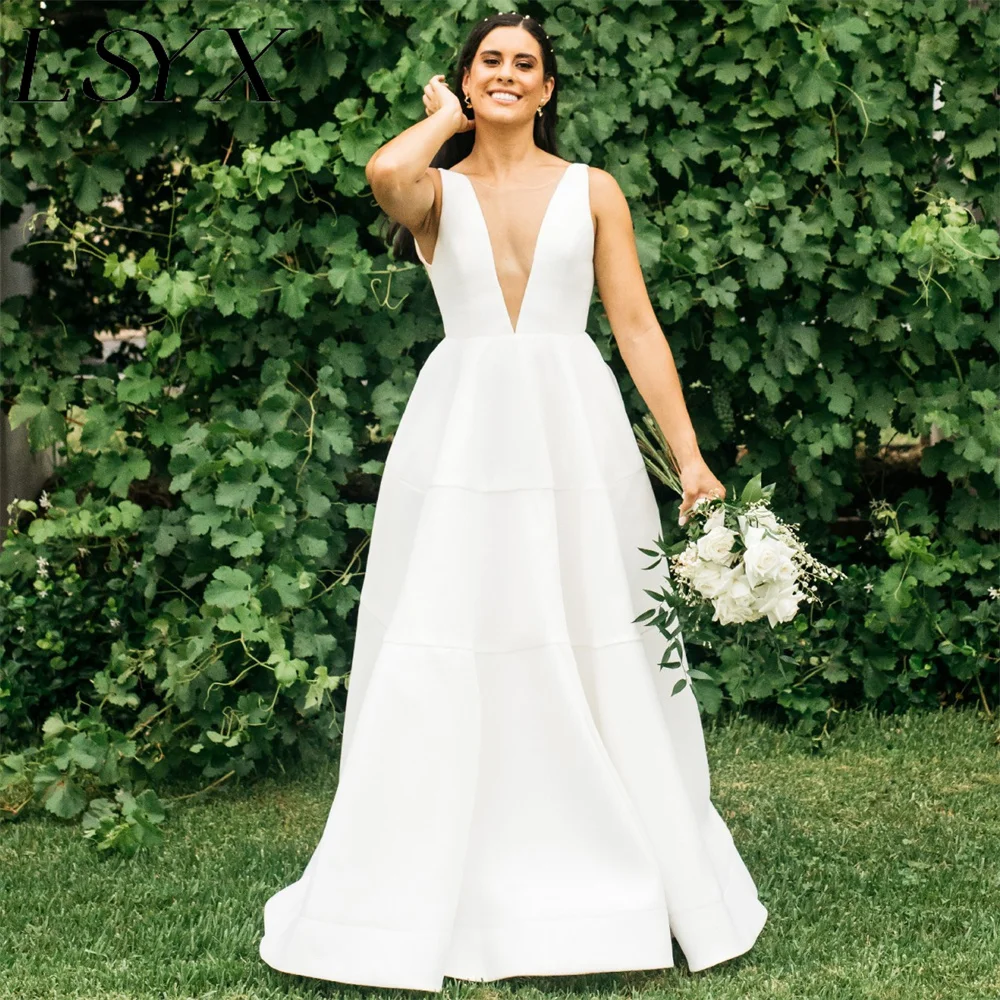 LSYX vestido de novia sencillo de satén con cuello en V profundo, sin mangas, con lazo y cremallera en la espalda, largo hasta el suelo, hecho a medida