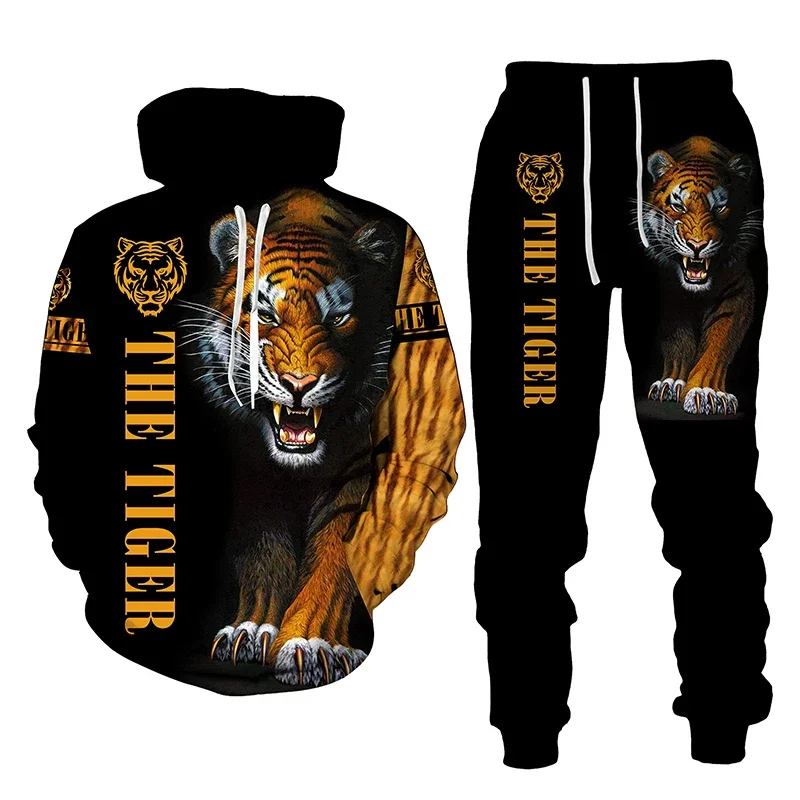 Animal Beast Tiger 3D Printing Men\'s Hoodies Set Tracksuit Pants Streetwear Spring Autumn Long Sleeve Pullover Casual Oversize