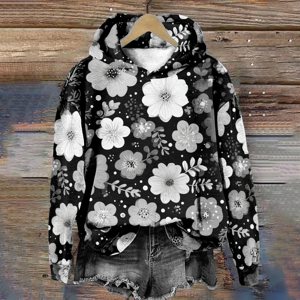 المرأة الأزهار هوديي محب بلوفر شتوي Harajuku فضفاضة تناسب البلوز غير رسمي دافئ الصوف مبطن سترة ملابس الشارع الشهير غير رسمية