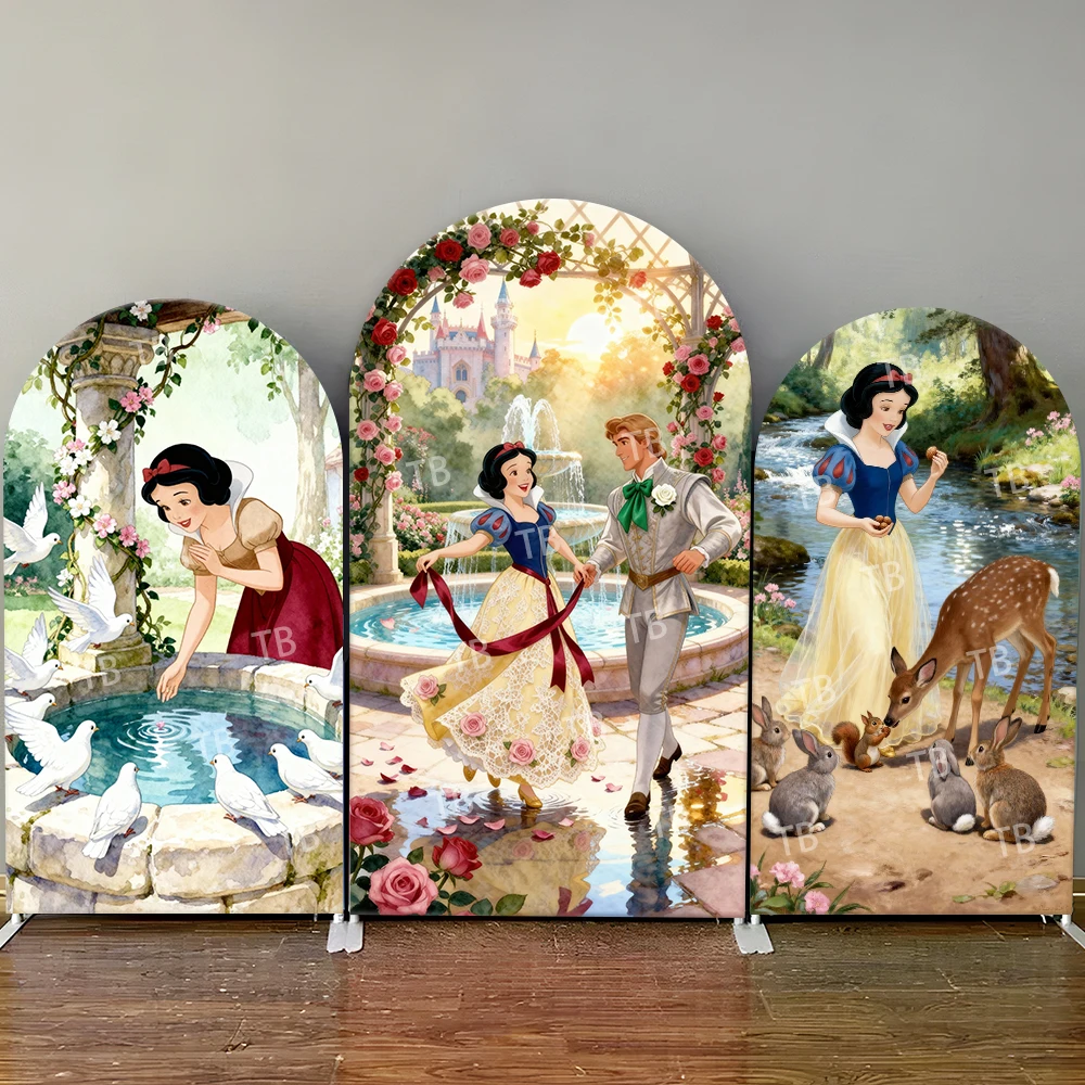 

Disney Snow White & Prince Castle Garden Arch Backdrop Cover with Animals Decor Photo Booth Prop for Birthday and Baby Shower