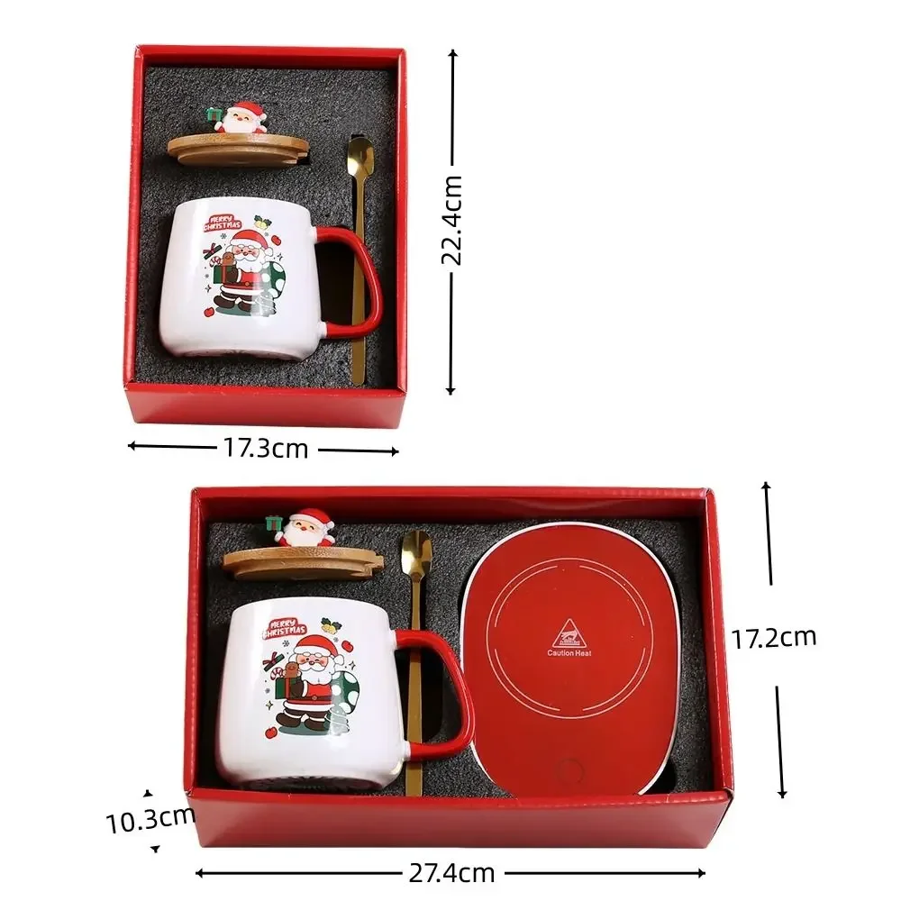 

New Christmas Gifts Kit Wooden Lid 55℃ Merry Santa Claus Pattern Ceramic Mug Snowman Warm Teaspoon for Office Home Use