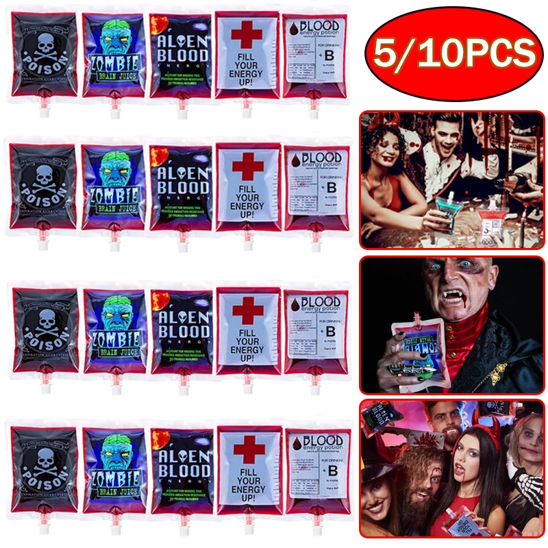 20Pcs Reusable Drink Pouches with Funnel Blood Container Prop Halloween Blood Bags for Zombie Nurse Day Theme Party Supplies