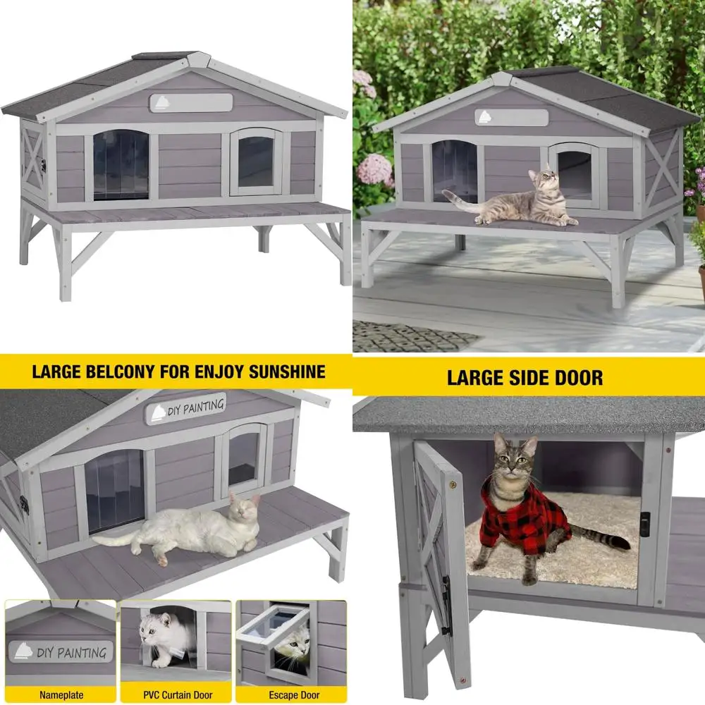 

Weatherproof Wooden Cat Shelter Large Outdoor Feral Pet House for Winter Protection
