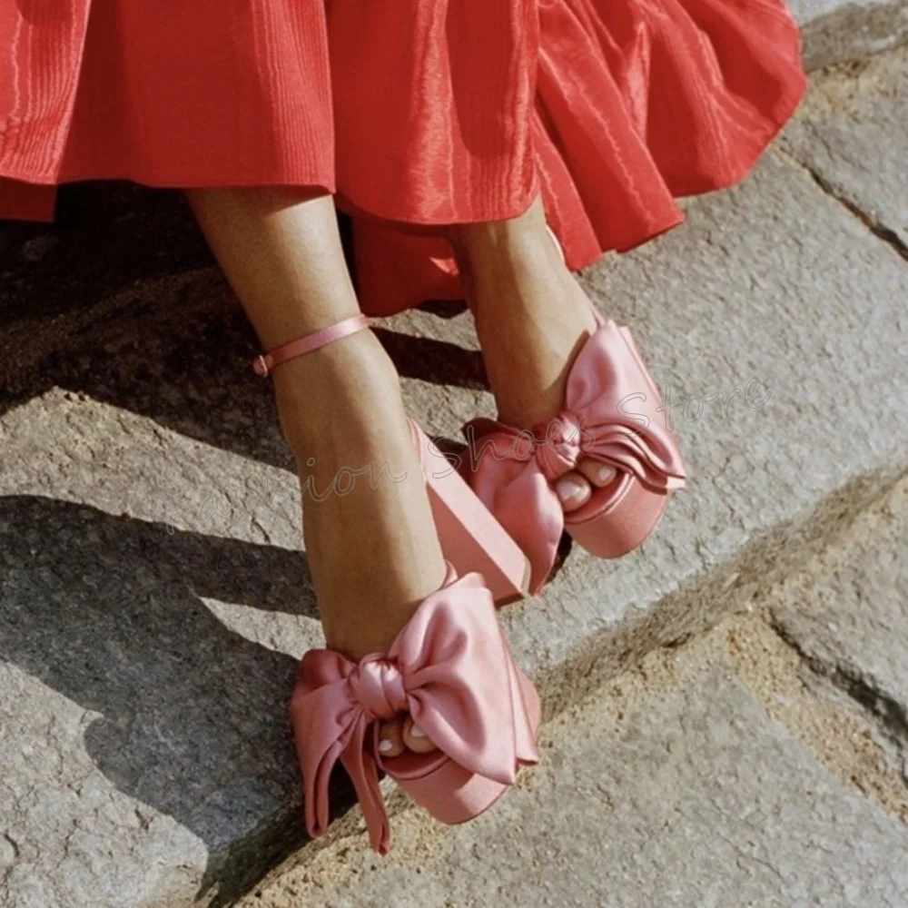 

Pink Platform Bow knot Decor Sandals Ankle Buckle Thick Heel High Heel Shoes for Women Sexy Heels 2025 New Zapatos Para Mujere