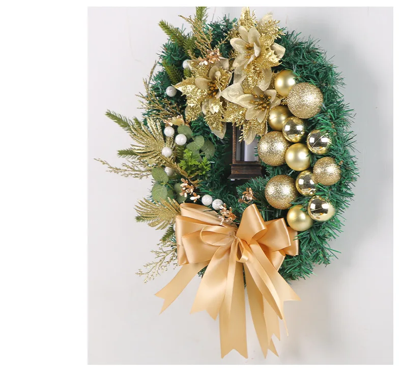 2024 Palla d'oro Fiore Ghirlanda di Natale Ghirlanda con luce per la porta d'ingresso Albero di Natale Corona di pino in rattan Ornamento appeso Capodanno