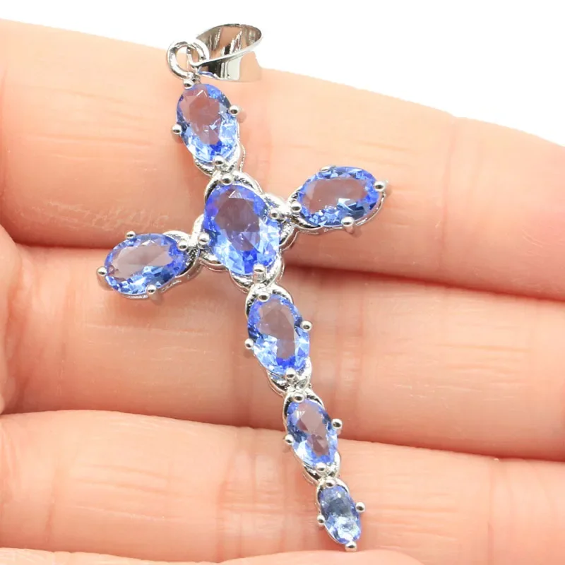 Buy 3 Get 1 Free 4.5g Real 925 Solid Sterling Silver Pendant Long Cross Pink Kunzite London Blue Topaz Violet Tanzanite Woman's