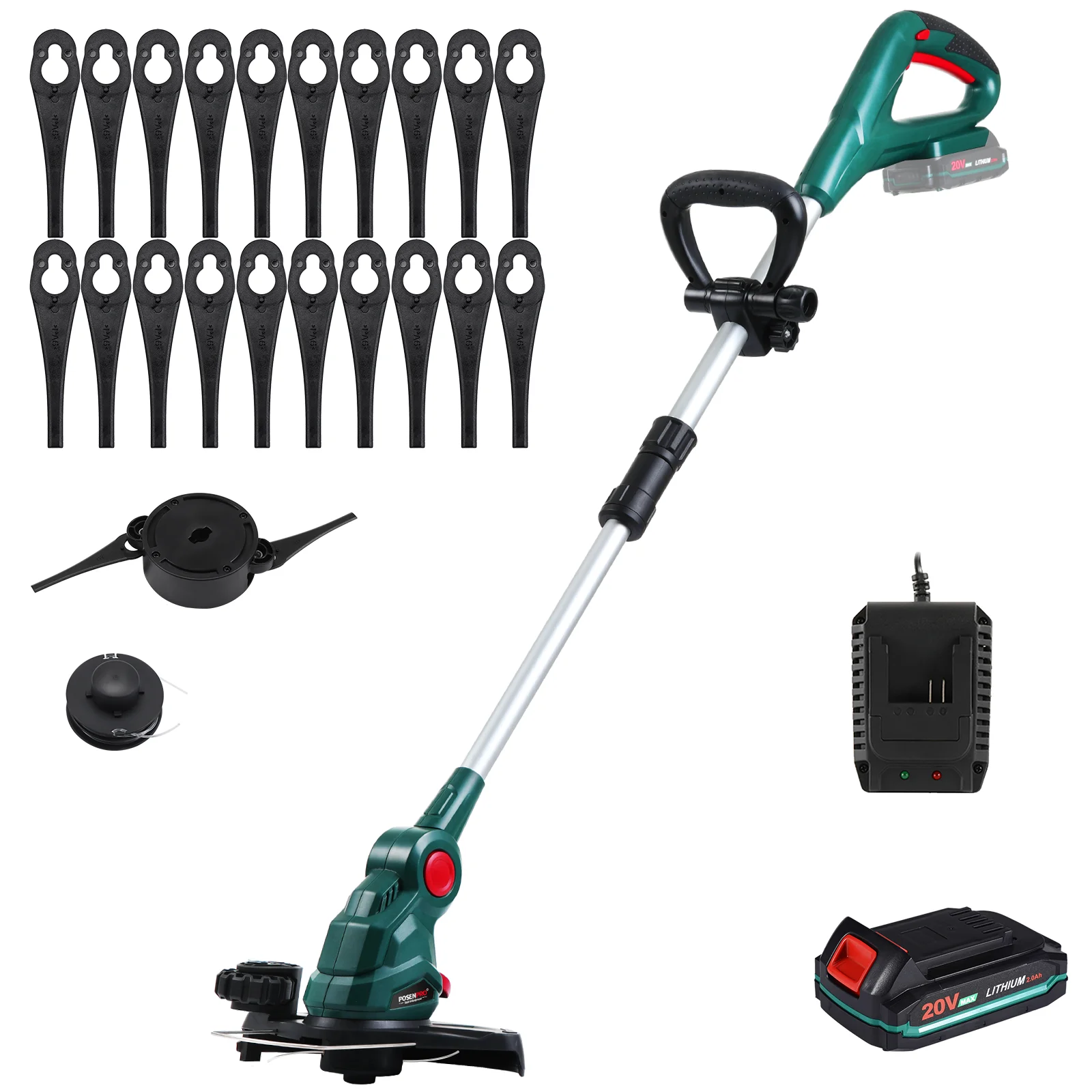 20V Cordless Strimmer/Edger 2-in-1, Cordless Grass Trimmer, 26cm Path,  Extendable Length, Blade Cutting & Spool Cutting