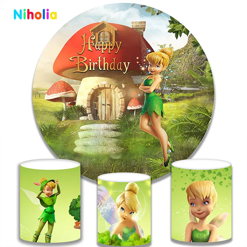 Disney Tinker Bell Photo Backdrop Round Photography Background For Kids Birthday Party Green Vinyl Circle Decoration Banner