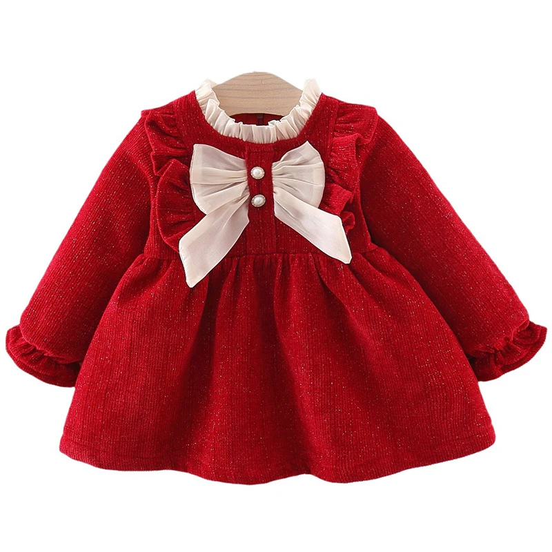 

Winter Toddler Girl Birthday Dress Korean Cute Bow Fleece Princess Red Baby Dresses 1st Birthday Outfit Newborn Clothes BC1502-1