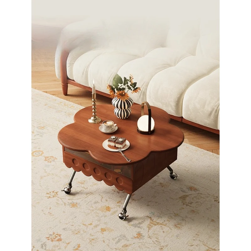 Solid wood lifting rock slab petal coffee table French retro living room movable tea table small apartment tea table