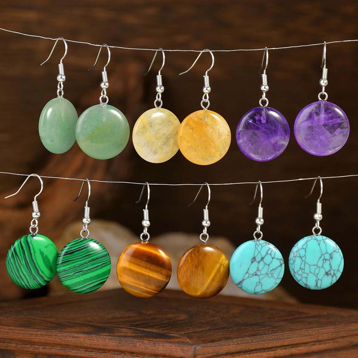Natural Stone Amethyst Green Aventurine Round Dangle Earrings Bohemian Women's Exquisite Holiday Handmade Jewelry - view 3