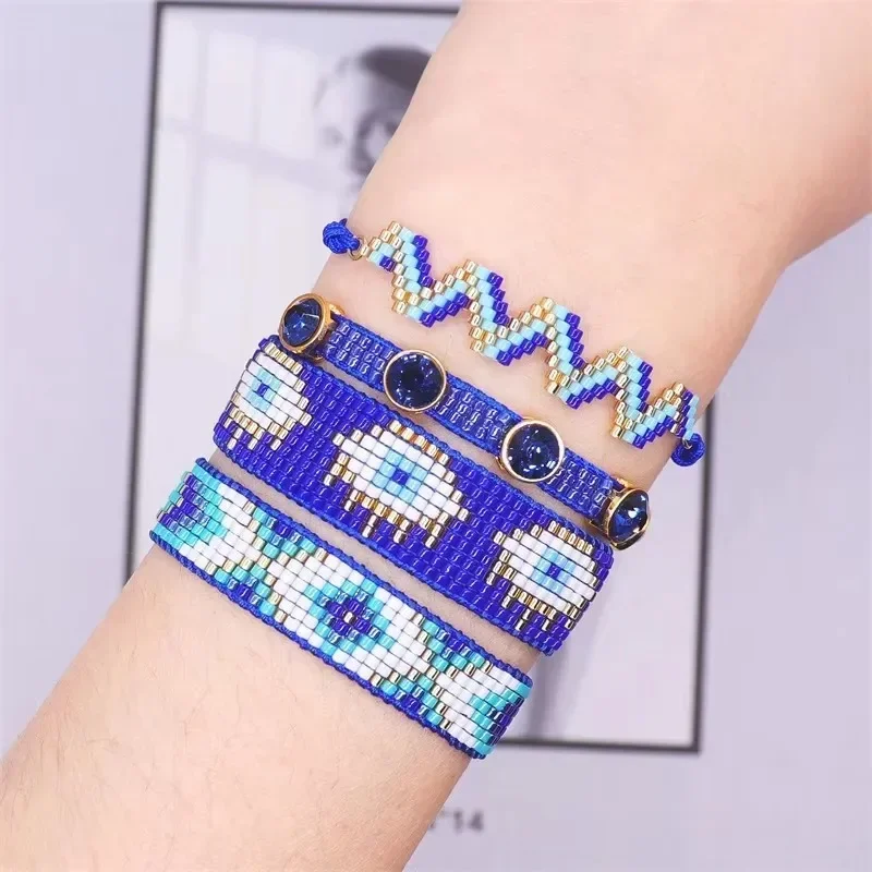 Bohemia Devil's Eye Tunable Bracelet Set Hand-Knitted Geometry Wavy Tide Simple Rice Bead Versatile Bohemian Jewelry
