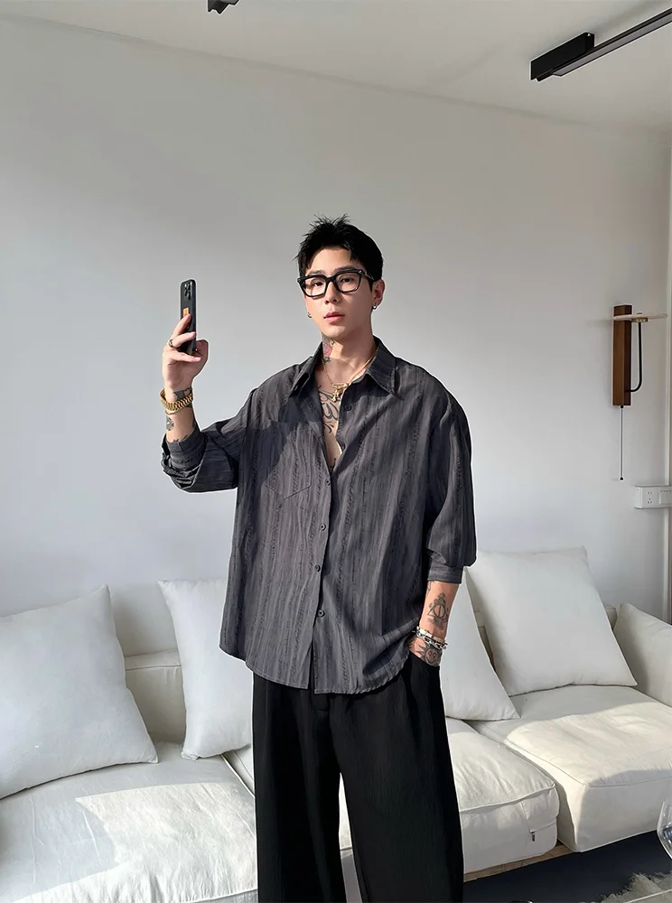 

American Style Long Sleeve Shirt Men's Spring Autumn Loose Casual Striped Commute Outerwear Polyester Fiber Non-ironed Regula...