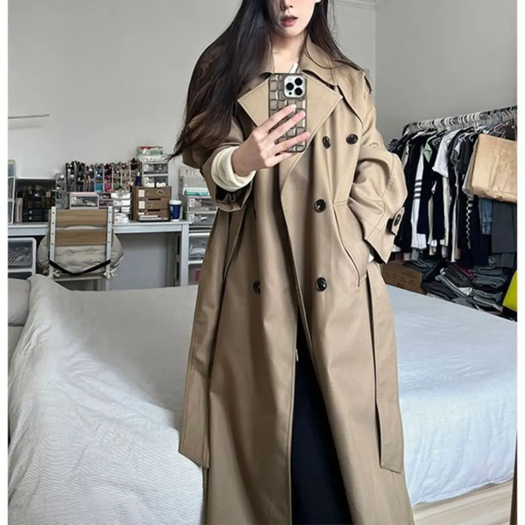 

Khaki Casual Fashion Windbreaker Jacket Korean Style Design Autumn Temperament Mid-Length Women's Fashion Outerwear