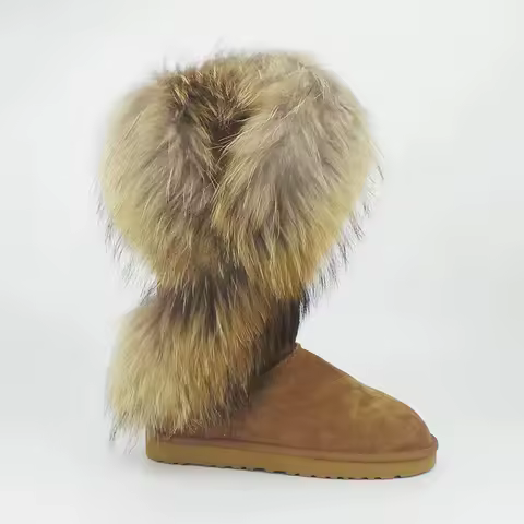 Fashion Natural Real Fox Fur Women Boots Genuine Leather Lady High Snow Boots Warm Winter Boots Female Long Boots Shoes