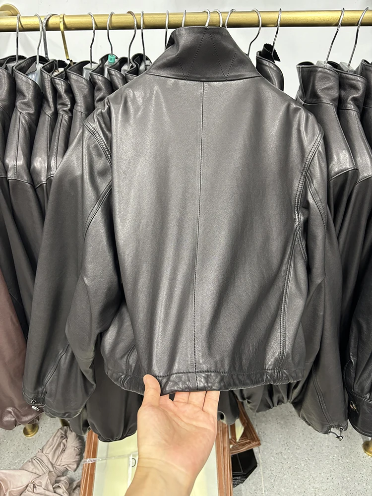 2025 여성용 가죽 양가죽 코트 여성용 스탠드업 칼라 숏 모터사이클 재킷 캐주얼 슬림 가죽 재킷
